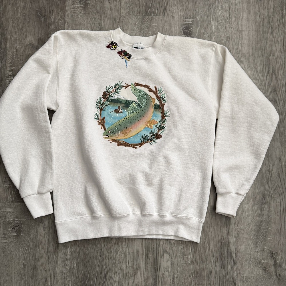 Vintage Pro Spirit Sweatshirt Mens Large White Trout Fly Fishing Graphic 90s